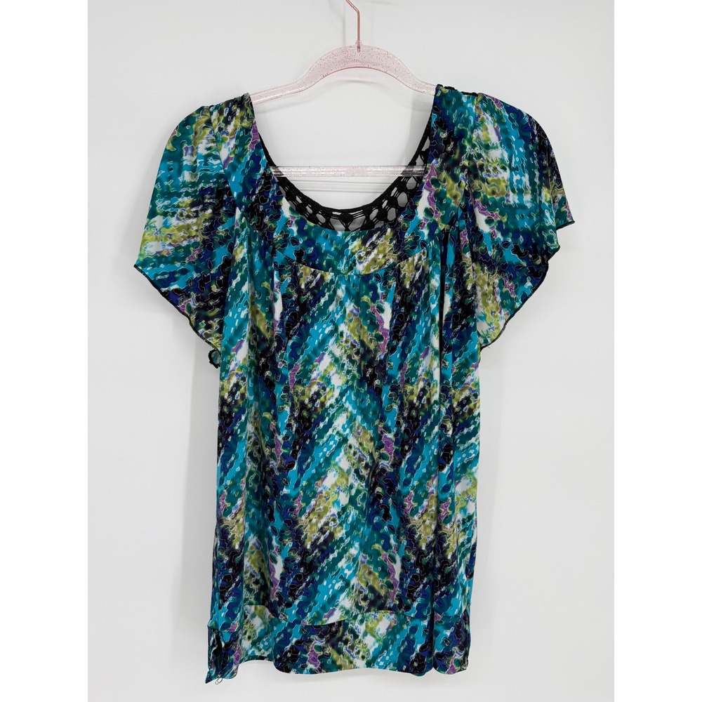 AGB Womens Teal Abstract Brushstroke Crochet Neck Flutter‎ Sleeve Top Sz L